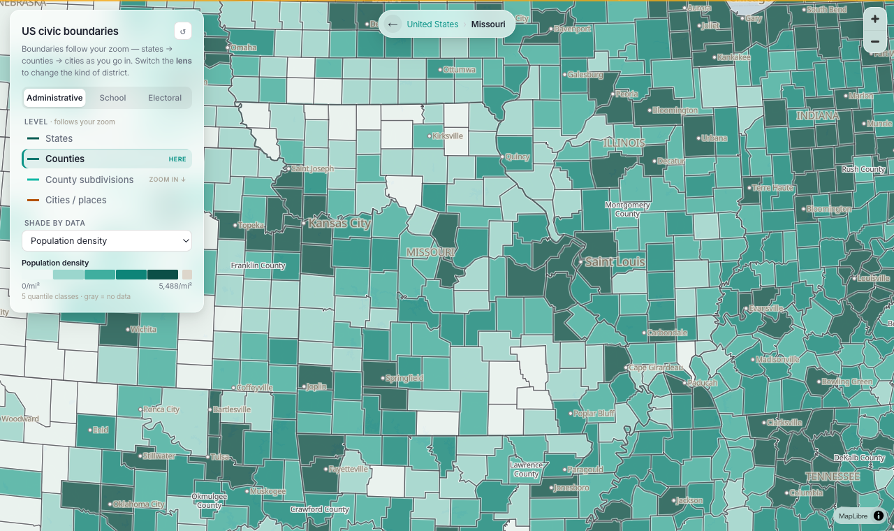 Population-density choropleth across Missouri counties