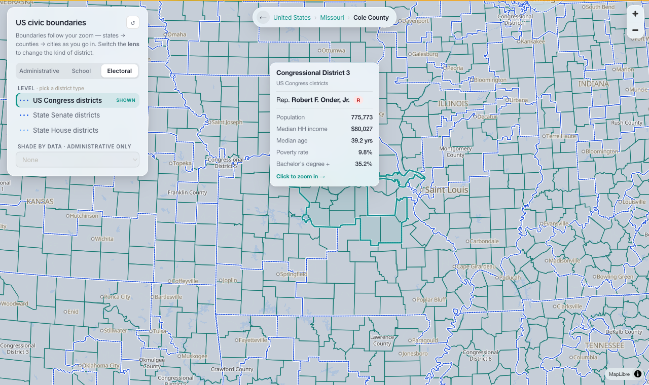 Hover card showing a congressional district's representative and demographics