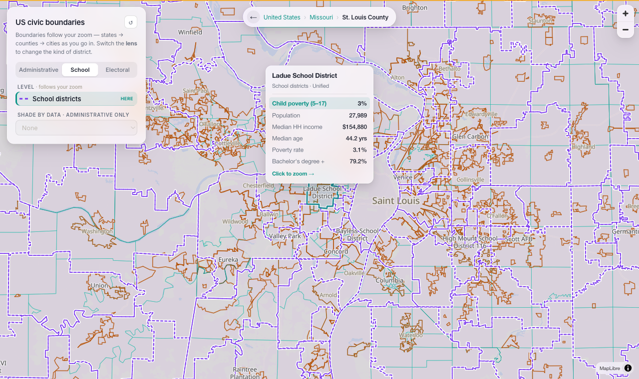 School-district lens around St. Louis with a district's child poverty rate